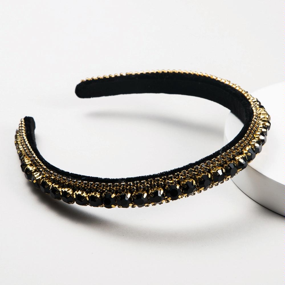 Multi-layer Glass Rhinestones Headband Full Rhinestones Gold Velvet Hairband(Black)