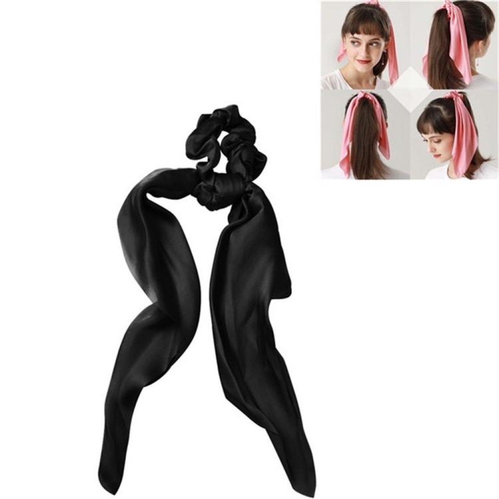 Super Long Large Intestine Circle Silk Scarf Ribbon Satin Solid Color Big Tail Hair Circle(Black)