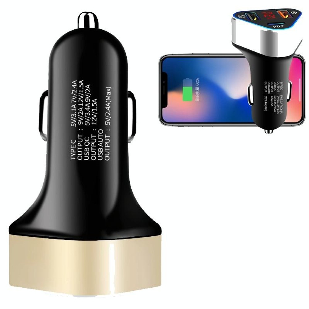Digital Display PD+QC3.0+2.4A Car Charger TYPE-C Car Phone Charger(Gold)