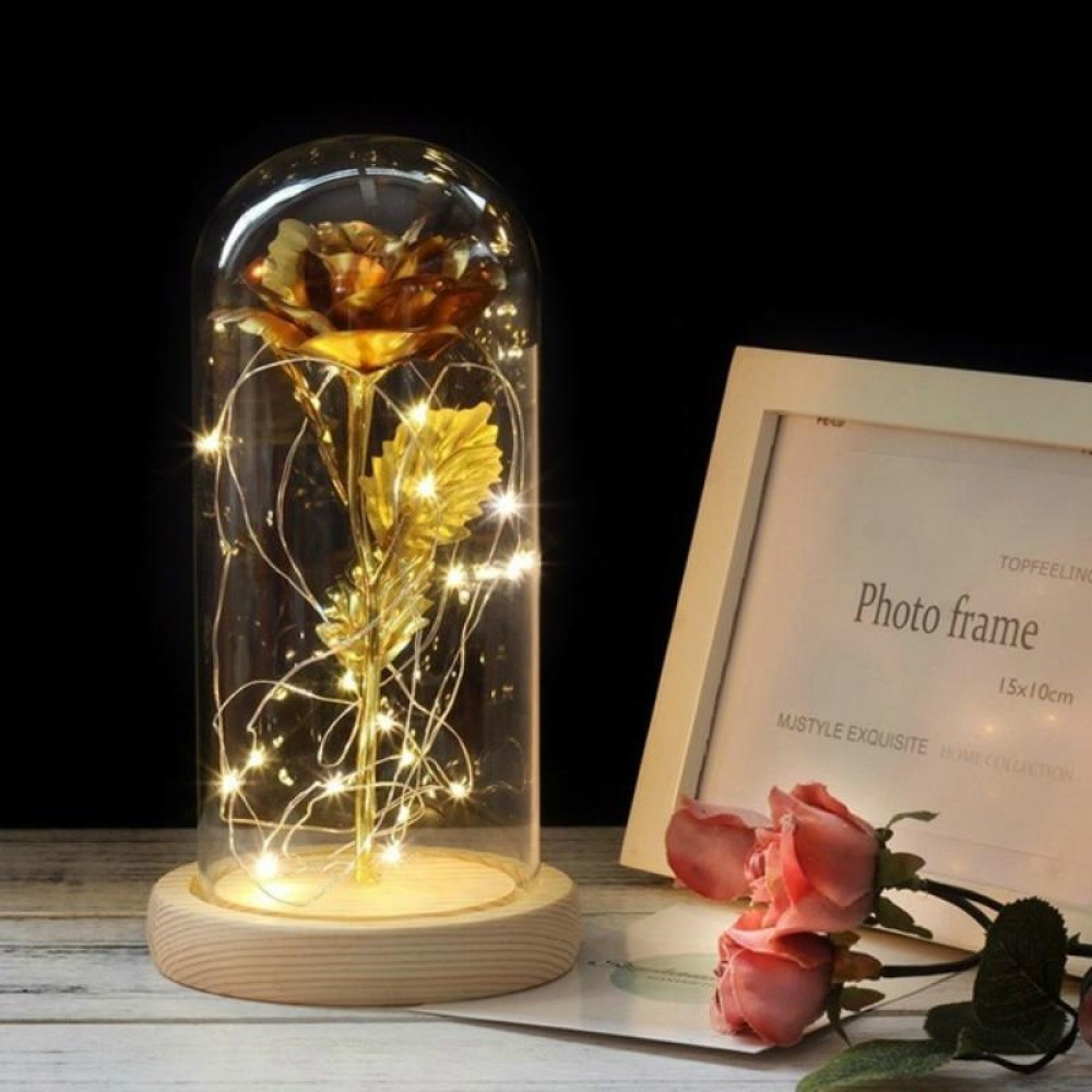 Simulation Roses Lights Glass Cover Decorations Crafts Valentines Day Gifts(Gold)