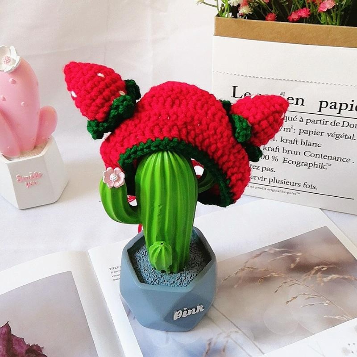 Cute Strawberry Headgear Handmade Knitted Hat Pet Accessories, Size: M
