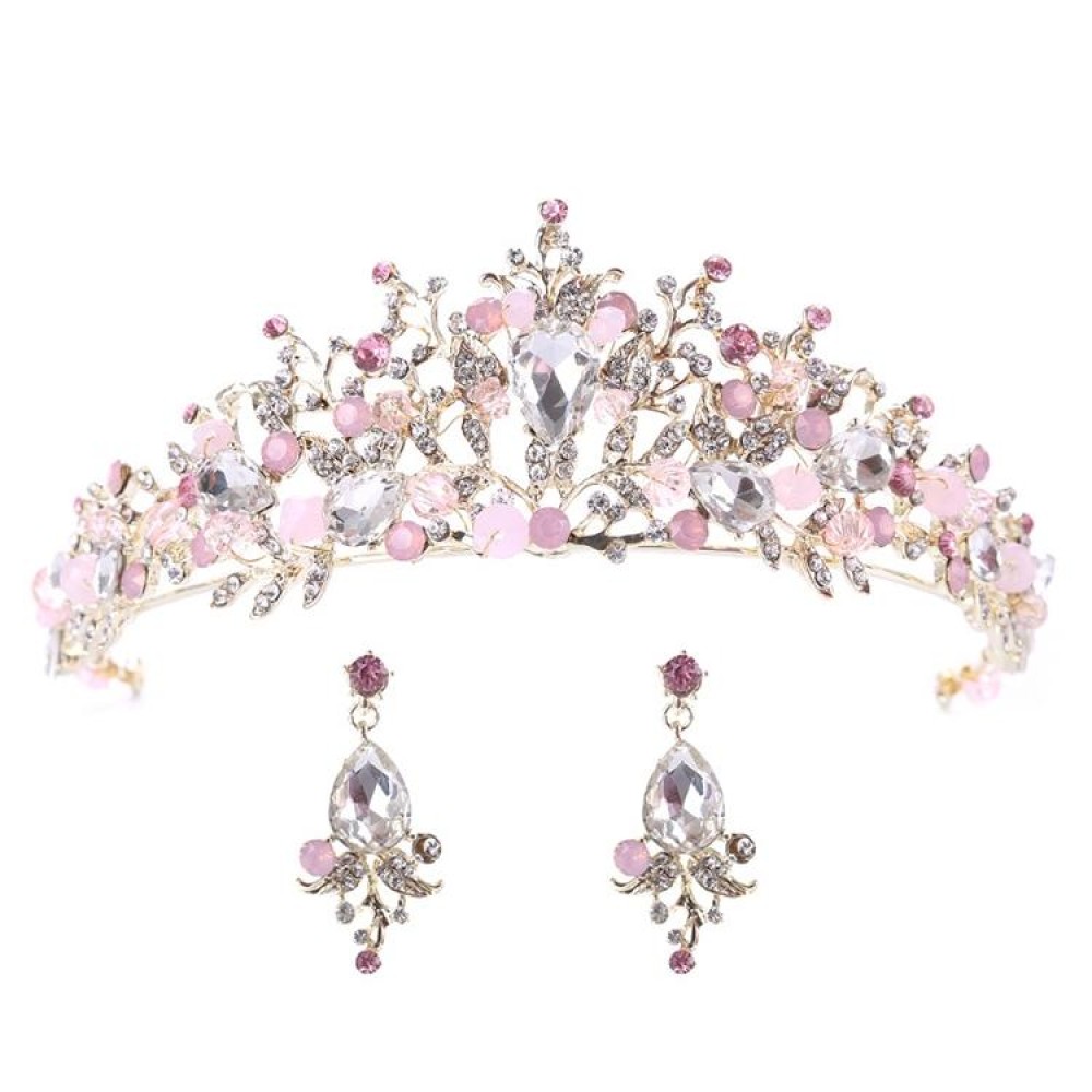 Pearl Bridal Crowns Handmade Headband Crystal Wedding Queen Crown Wedding Hair Clips(Pink With Earrings)