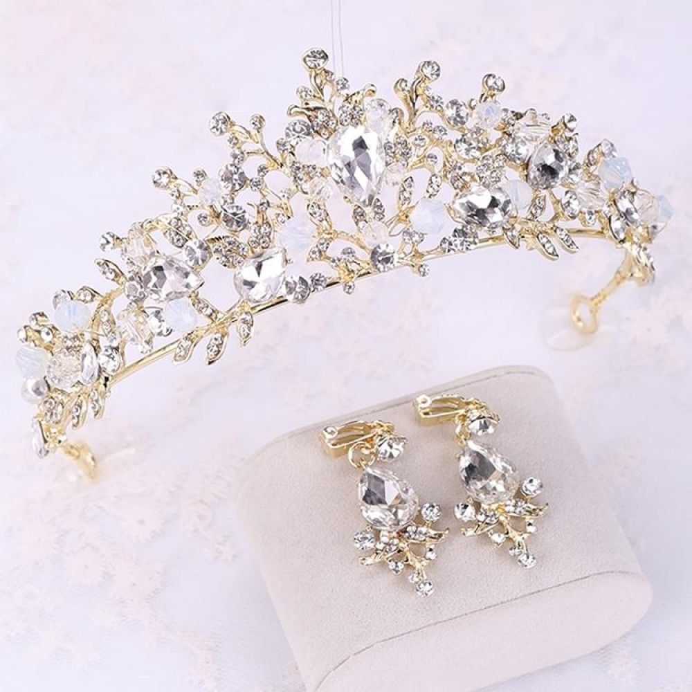 Pearl Bridal Crowns Handmade Headband Crystal Wedding Queen Crown Wedding Hair Clips(Gold With Earrings)