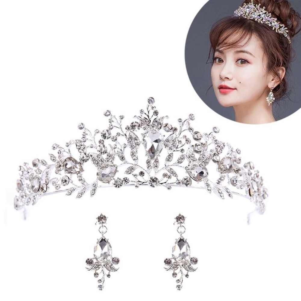 Pearl Bridal Crowns Handmade Headband Crystal Wedding Queen Crown Wedding Hair Clips(White With Earrings)