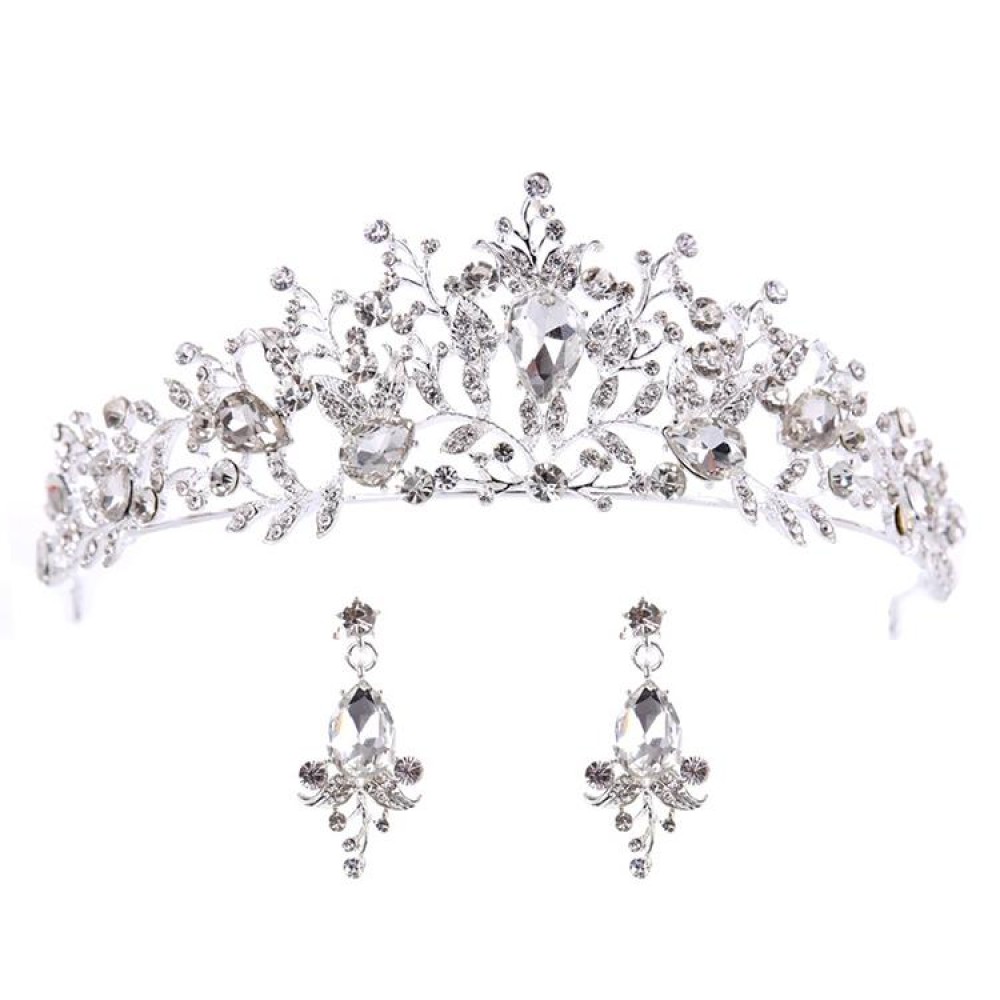 Pearl Bridal Crowns Handmade Headband Crystal Wedding Queen Crown Wedding Hair Clips(White With Earrings)
