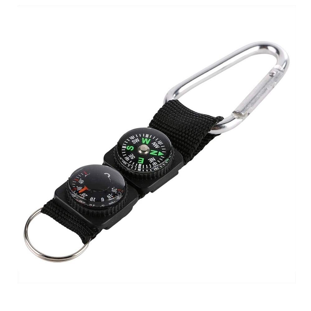 3 in 1 Camping Climbing Hiking Mini Carabiner with Keychain Compass Thermometer Hanger Key Ring Black