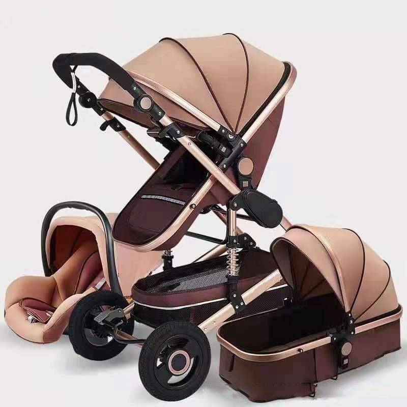 High Landscape Can Sit and Lie Four-wheel Shockproof Folding Newborn Stroller(Khaki)