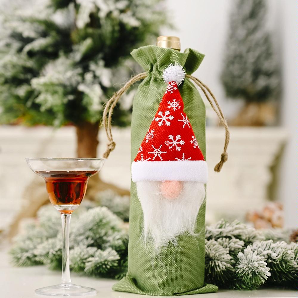 Christmas Decorations Forest Old Man Linen Wine Bottle Bag(Green)