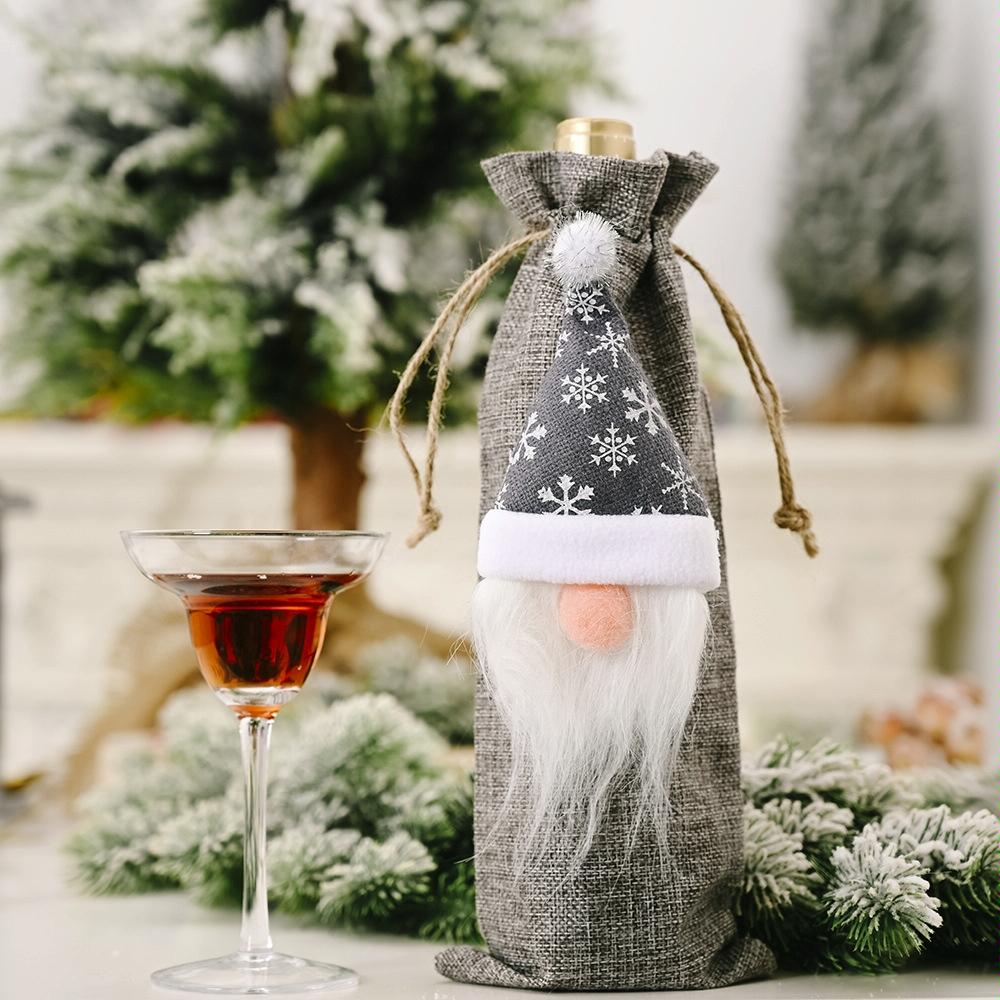 Christmas Decorations Forest Old Man Linen Wine Bottle Bag(Grey)