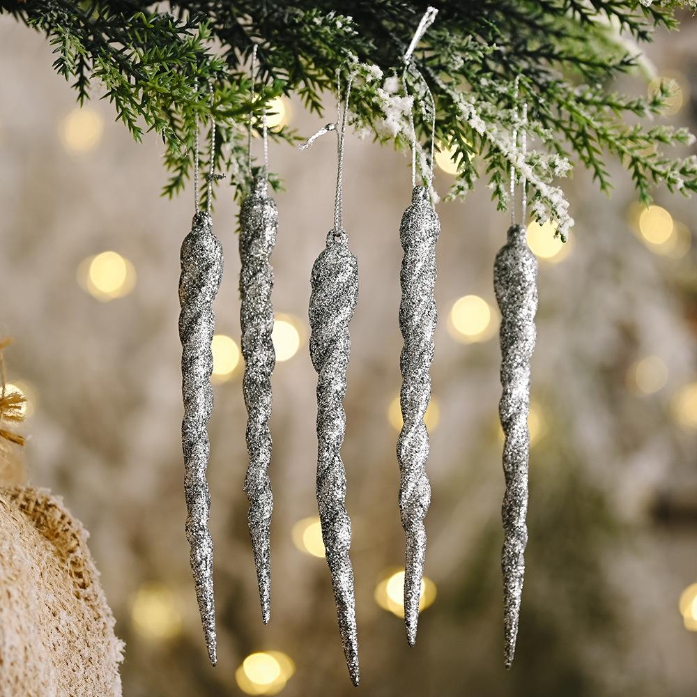 5pcs/bag Christmas Decorations Colorful Ice Bar Pendant Small Tree Threaded Ornament(Silver)