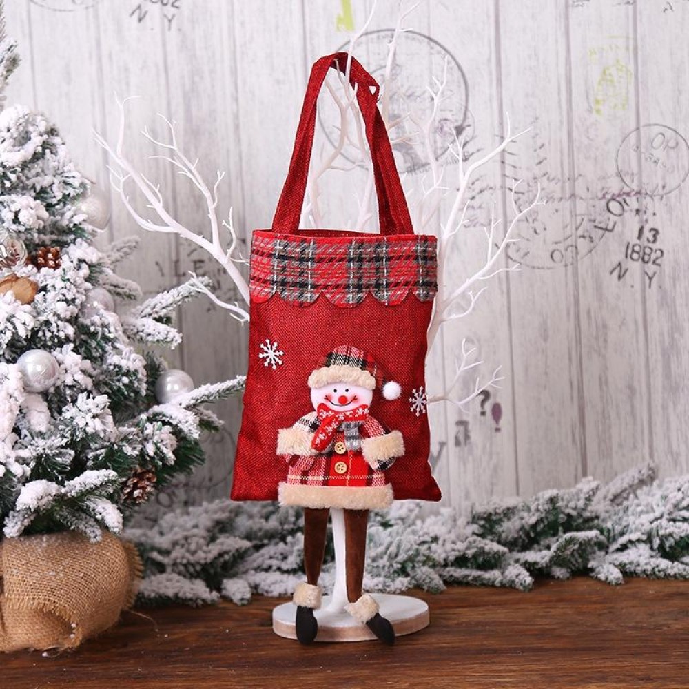 Christmas Burlap Gift Bag Candy Bag Plaid Tote Bag(Snowman)