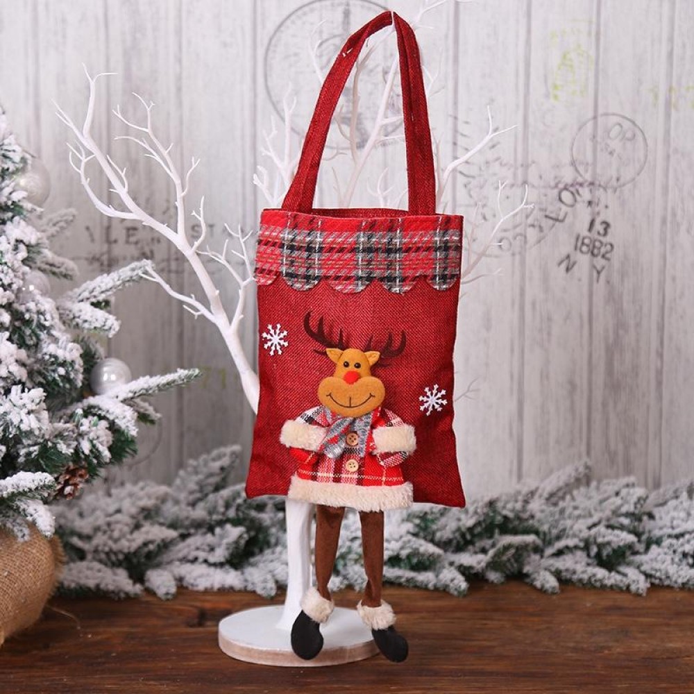 Christmas Burlap Gift Bag Candy Bag Plaid Tote Bag(Elk)