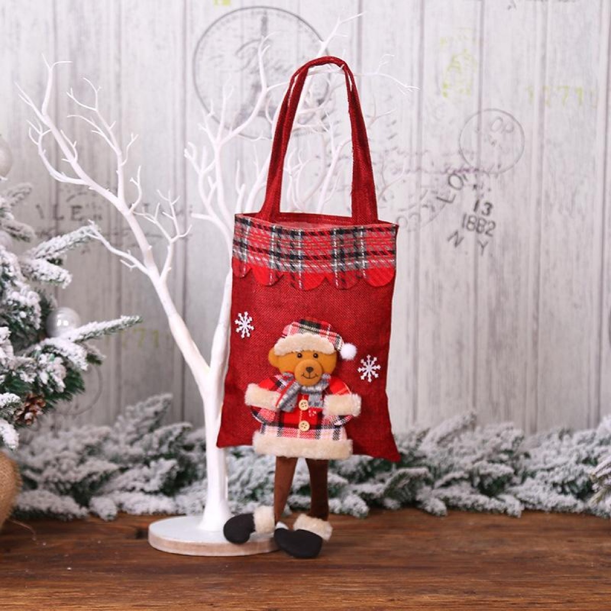 Christmas Burlap Gift Bag Candy Bag Plaid Tote Bag(Bear)