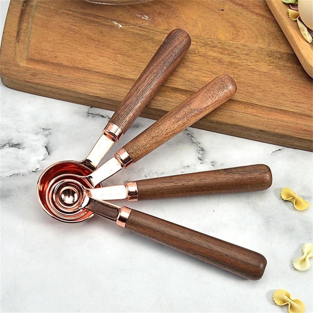 4 PCS / Set Measuring Spoon Walnut Handle Copper-Plated Kitchen Baking Tools Bartender Scale Measuring Set