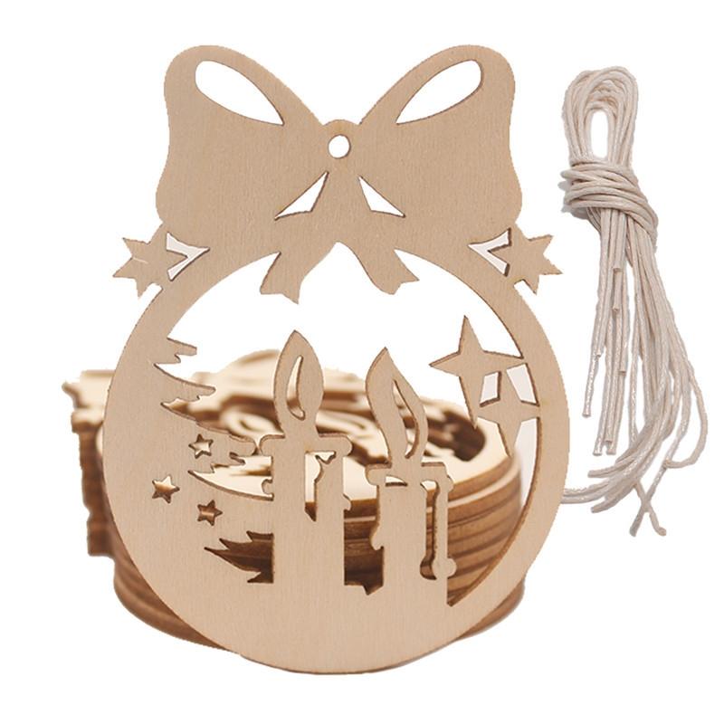 10pcs/set Wood Hollow Carved Christmas Tree Pendants Home Decoration Hotel DIY Holiday Decoration Gifts(Candle)