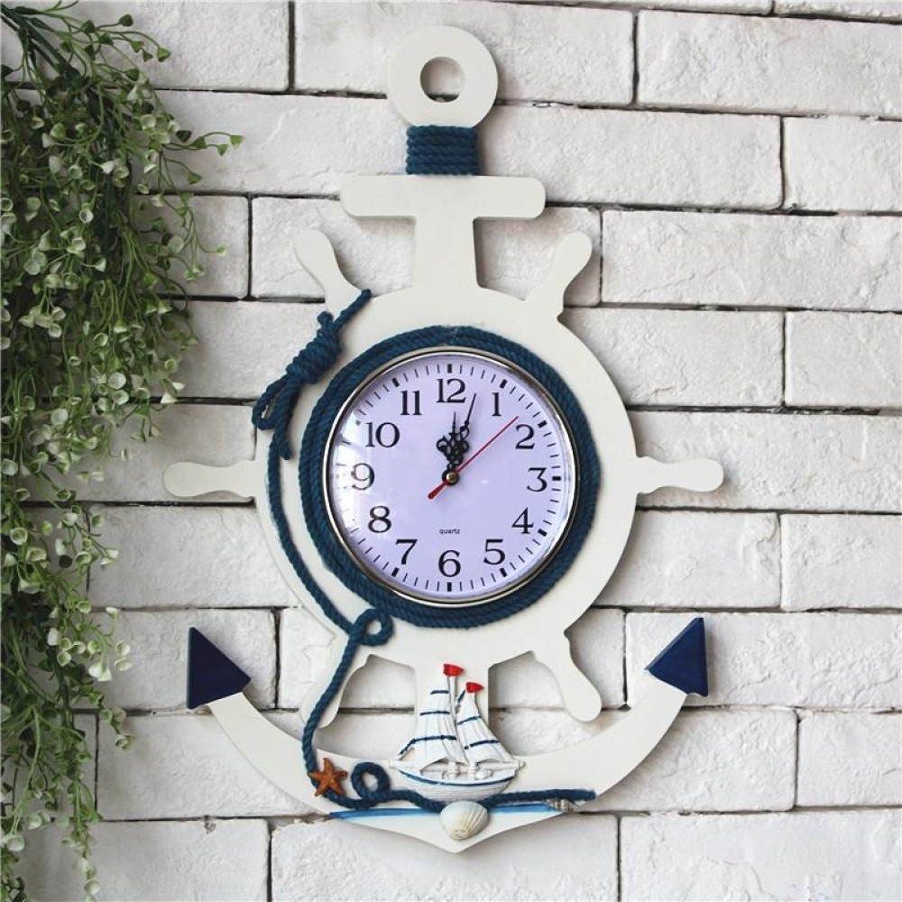 Mediterranean Style Blue And White Rudder Clock Wall Clock Home Living Room Bedroom Decoration Wooden Crafts, Style:Sailing