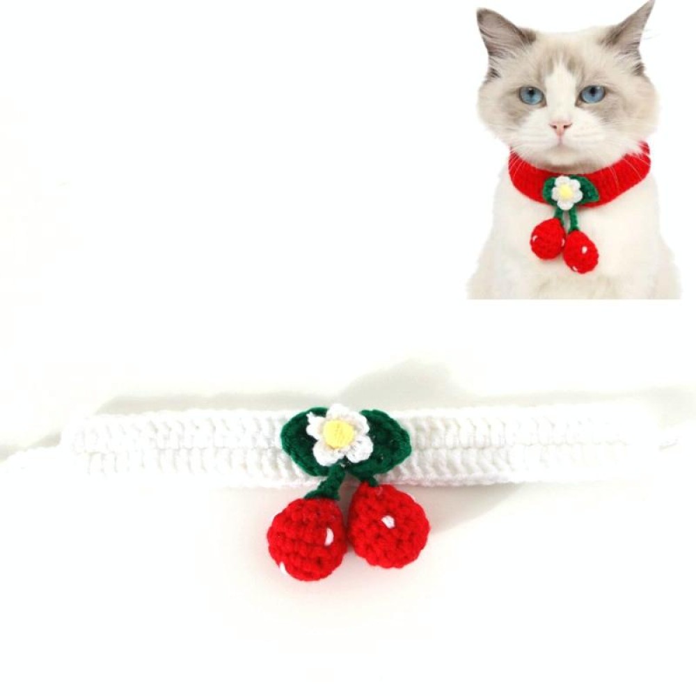 Pet Handmade Knitted Wool Cherry Cat Dog Collar Bib Adjustable Necklace, Specification: M 25-30cm(White)