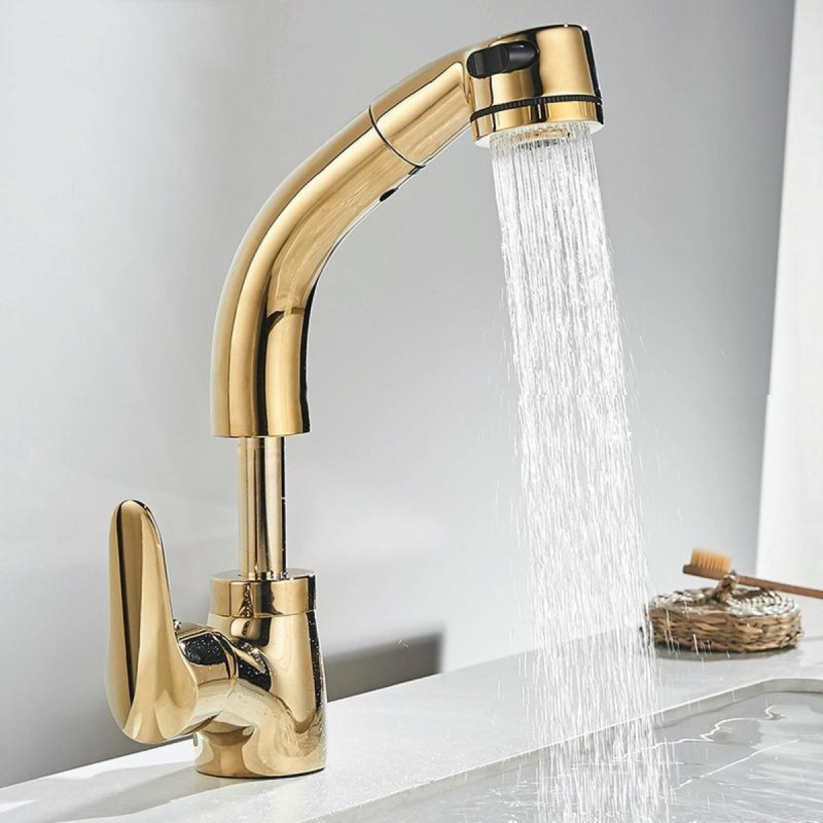 All-Copper Body Pull-Out Hot & Cold Water Faucet Liftable Washbasin Universal Faucet(Golden)