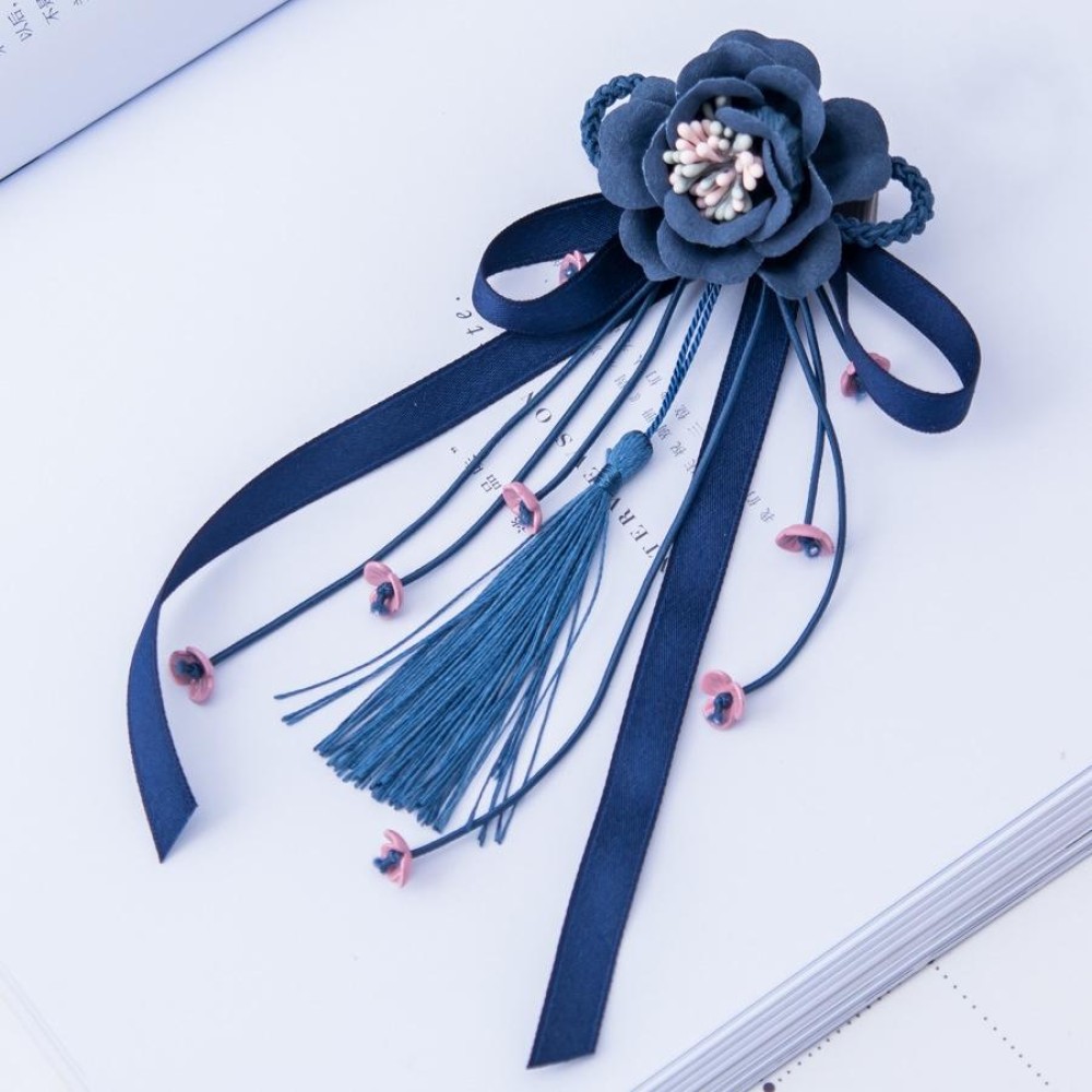 Ancient Style Hair Accessories Tassels Streamers Hairpins Hair Accessories Handmade Flowers Headdress(Navy Blue)
