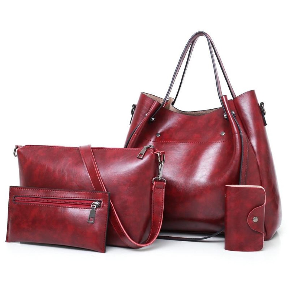 4 in 1 Ladies Retro Handbag Fashion Large Capacity Sub-Diagonal Bucket Bag(Red Eine)