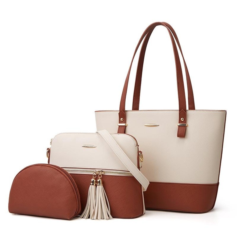3 in 1 Fashion Simple Lady Diagonal Large Capacity Handbag Letter Bag(White + Brown)