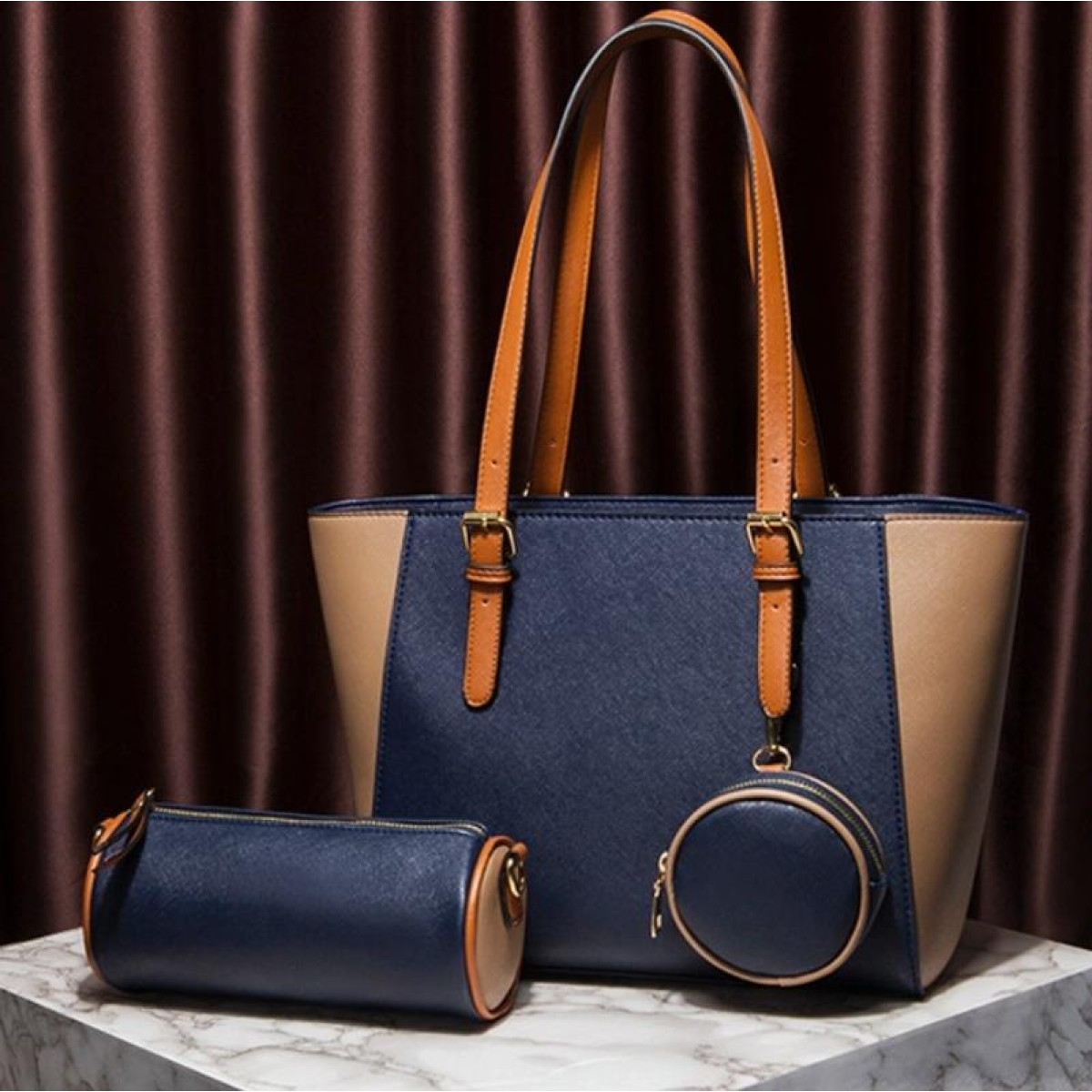 3 in 1 Fashion Simple Lady Diagonal Large Capacity Handbag(Navy Blue)