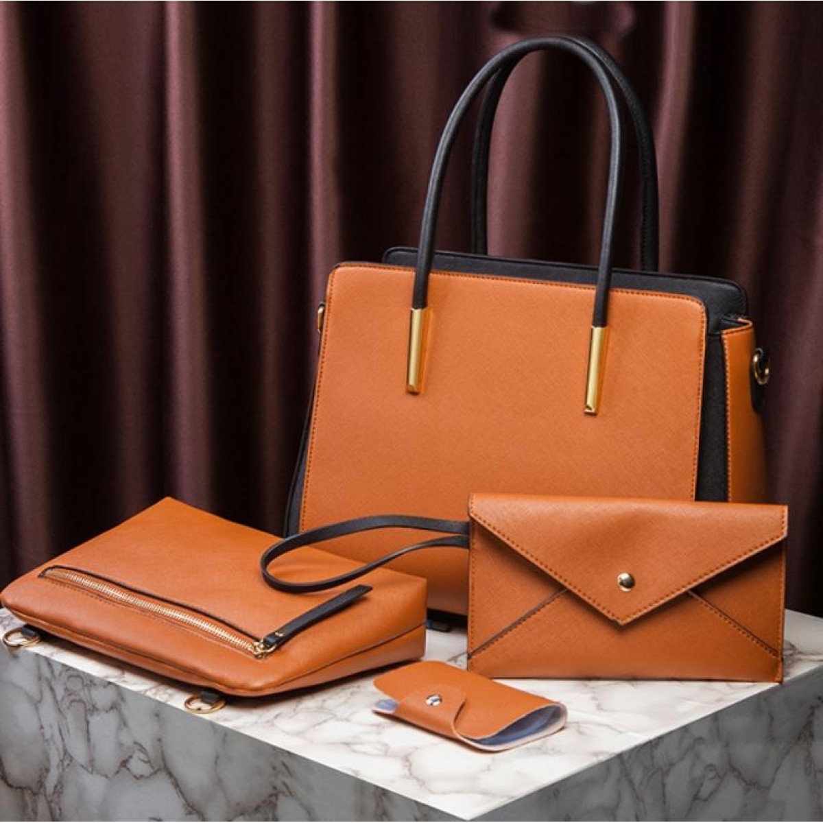 4 In 1 Fashion Color-Block Messenger Handbag Large-Capacity Bag(Brown)