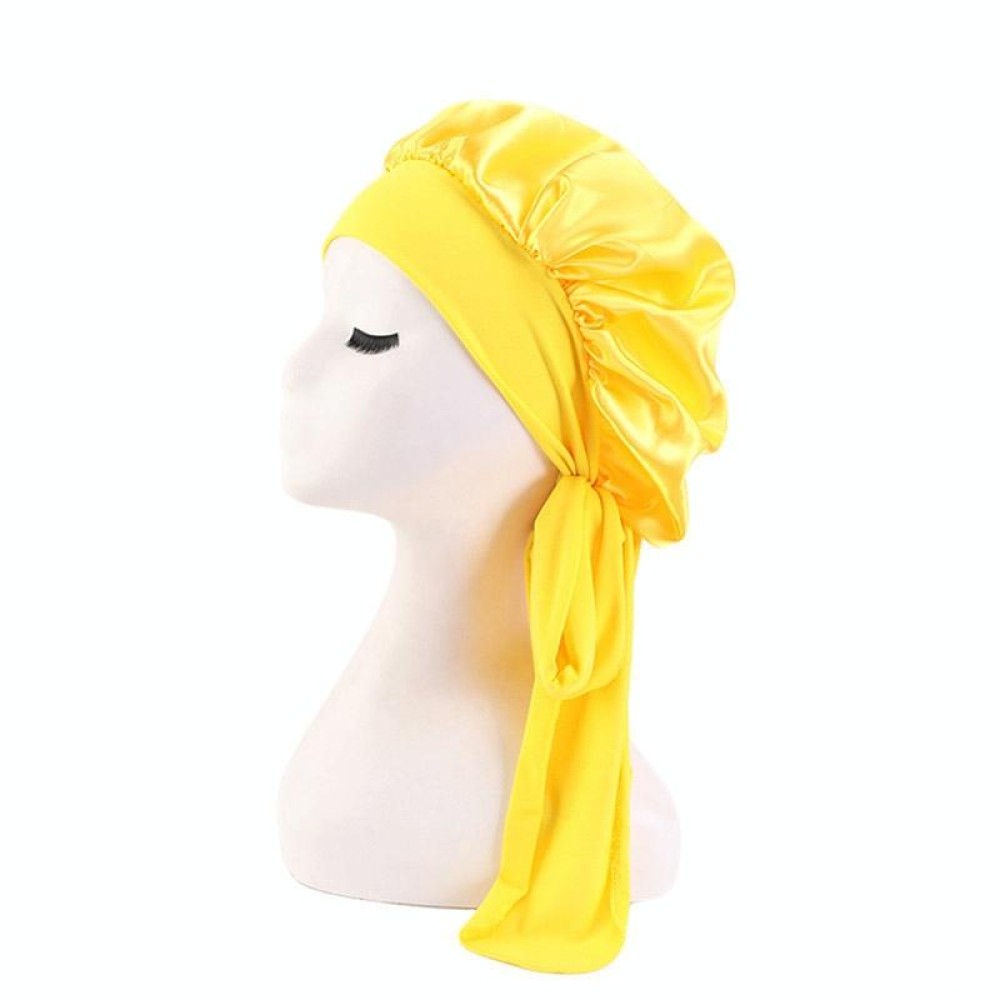 TJM-301-1 Faux Silk Adjustable Stretch Wide-Brimmed Night Hat Satin Ribbon Round Hat Shower Cap Hair Care Hat, Size: Free Size(Yellow)