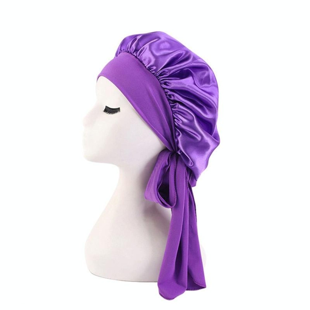 TJM-301-1 Faux Silk Adjustable Stretch Wide-Brimmed Night Hat Satin Ribbon Round Hat Shower Cap Hair Care Hat, Size: Free Size(Purple)
