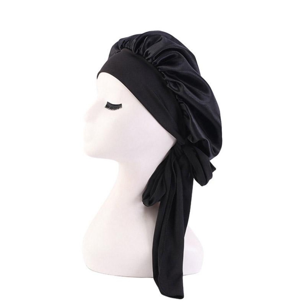 TJM-301-1 Faux Silk Adjustable Stretch Wide-Brimmed Night Hat Satin Ribbon Round Hat Shower Cap Hair Care Hat, Size: Free Size(Black)