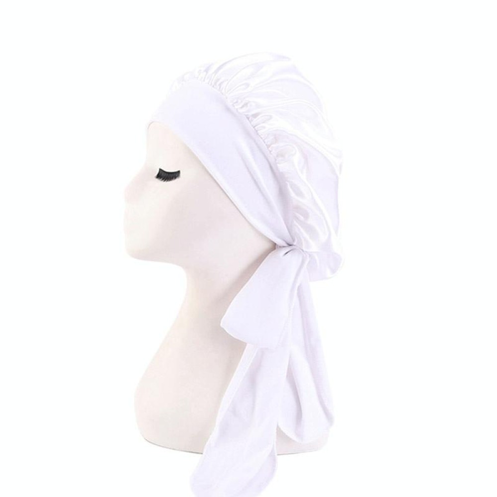 TJM-301-1 Faux Silk Adjustable Stretch Wide-Brimmed Night Hat Satin Ribbon Round Hat Shower Cap Hair Care Hat, Size: Free Size(White)