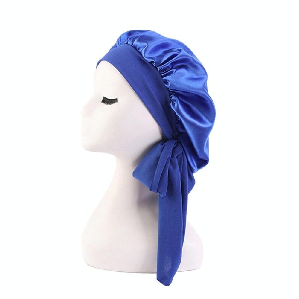TJM-301-1 Faux Silk Adjustable Stretch Wide-Brimmed Night Hat Satin Ribbon Round Hat Shower Cap Hair Care Hat, Size: Free Size(Royal Blue)