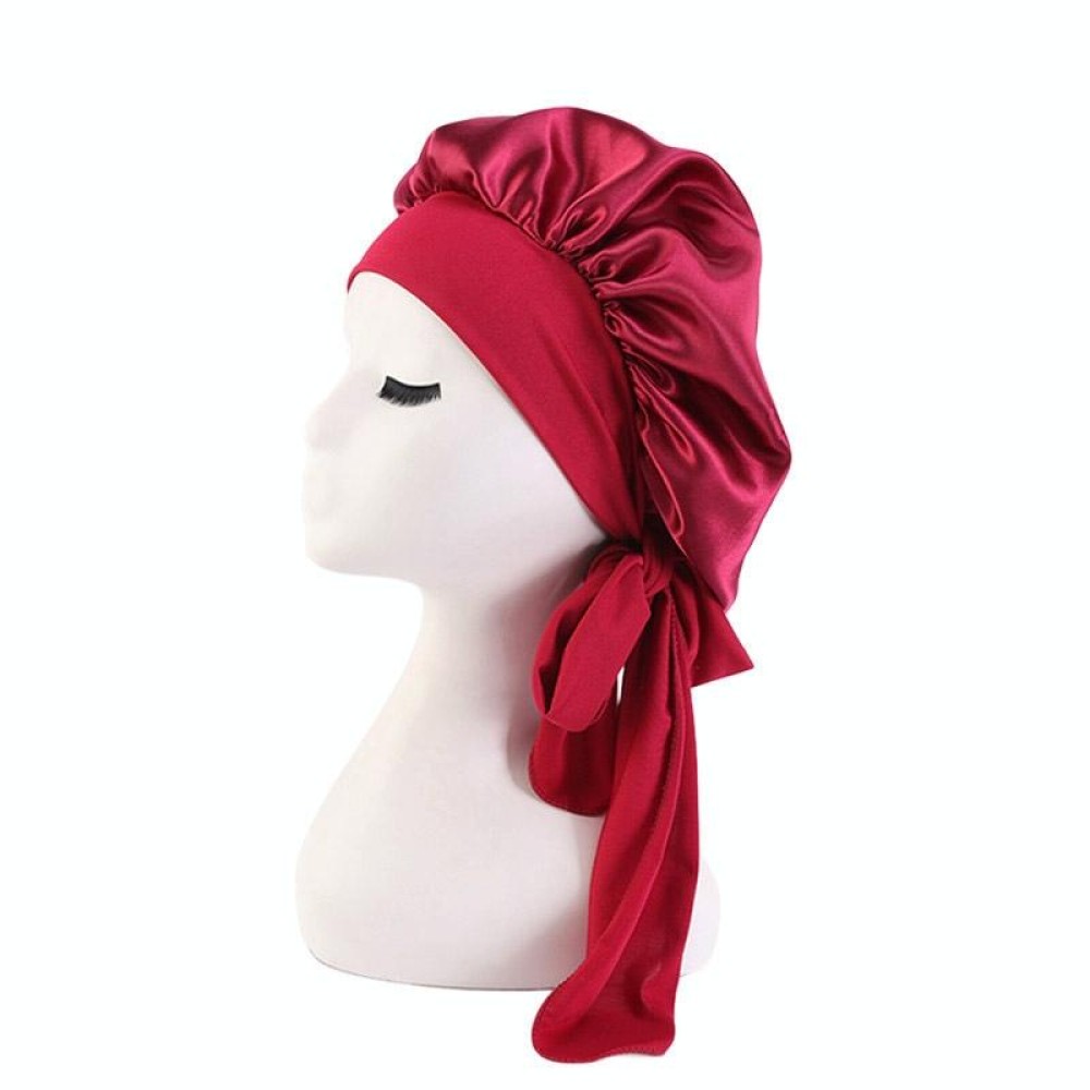 TJM-301-1 Faux Silk Adjustable Stretch Wide-Brimmed Night Hat Satin Ribbon Round Hat Shower Cap Hair Care Hat, Size: Free Size(Red Wine)
