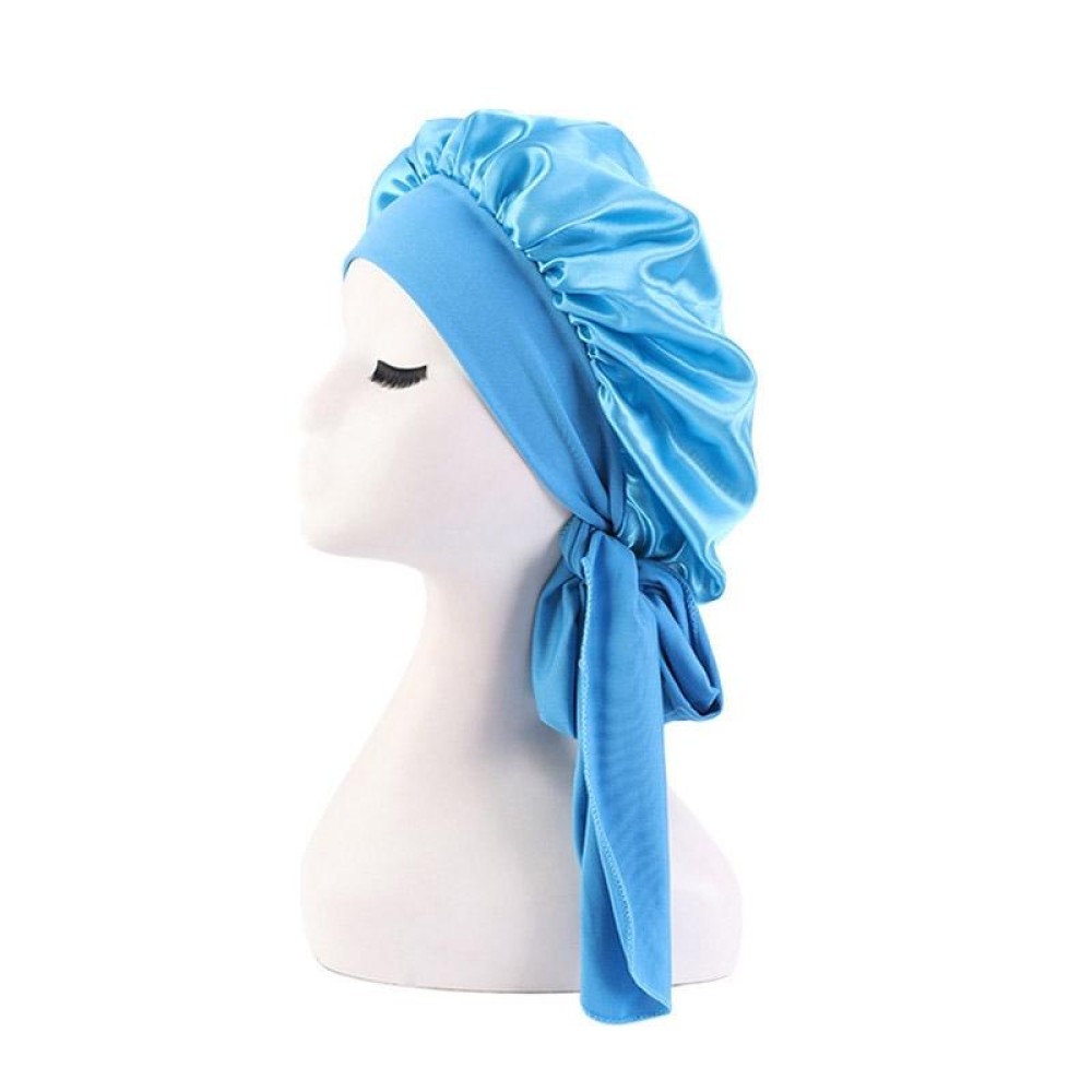TCS TJM-301-1 Faux Silk Adjustable Stretch Wide-Brimmed Night Hat Satin Ribbon Round Hat Shower Cap Hair Care Hat, Size: Free Size(Sky Blue)