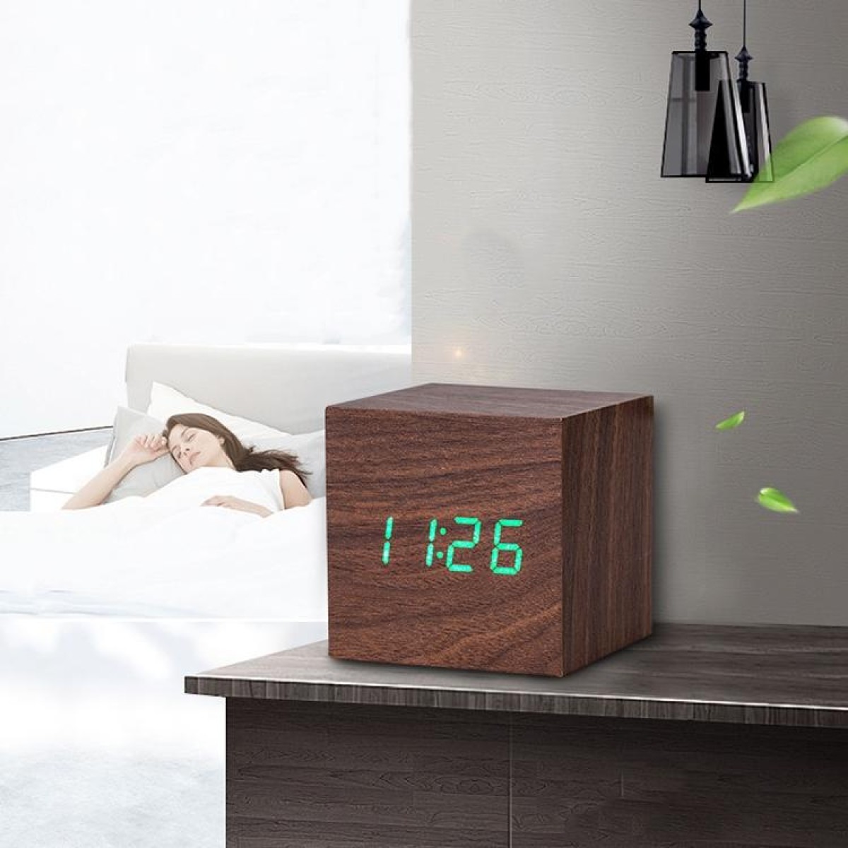 Multicolor Sounds Control Wooden Clock Modern Digital LED Desk Alarm Clock Thermometer Timer Wooden Red