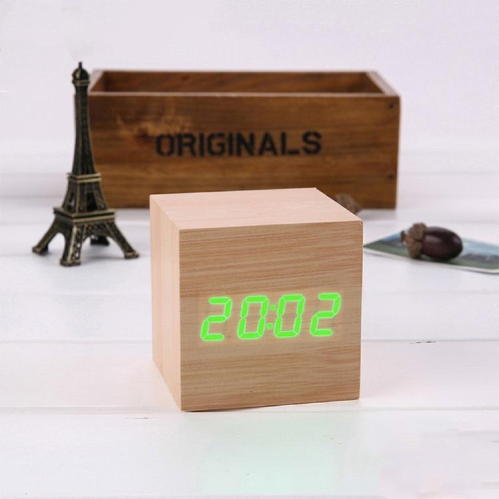 Multicolor Sounds Control Wooden Clock Modern Digital LED Desk Alarm Clock Thermometer Timer Wooden Green