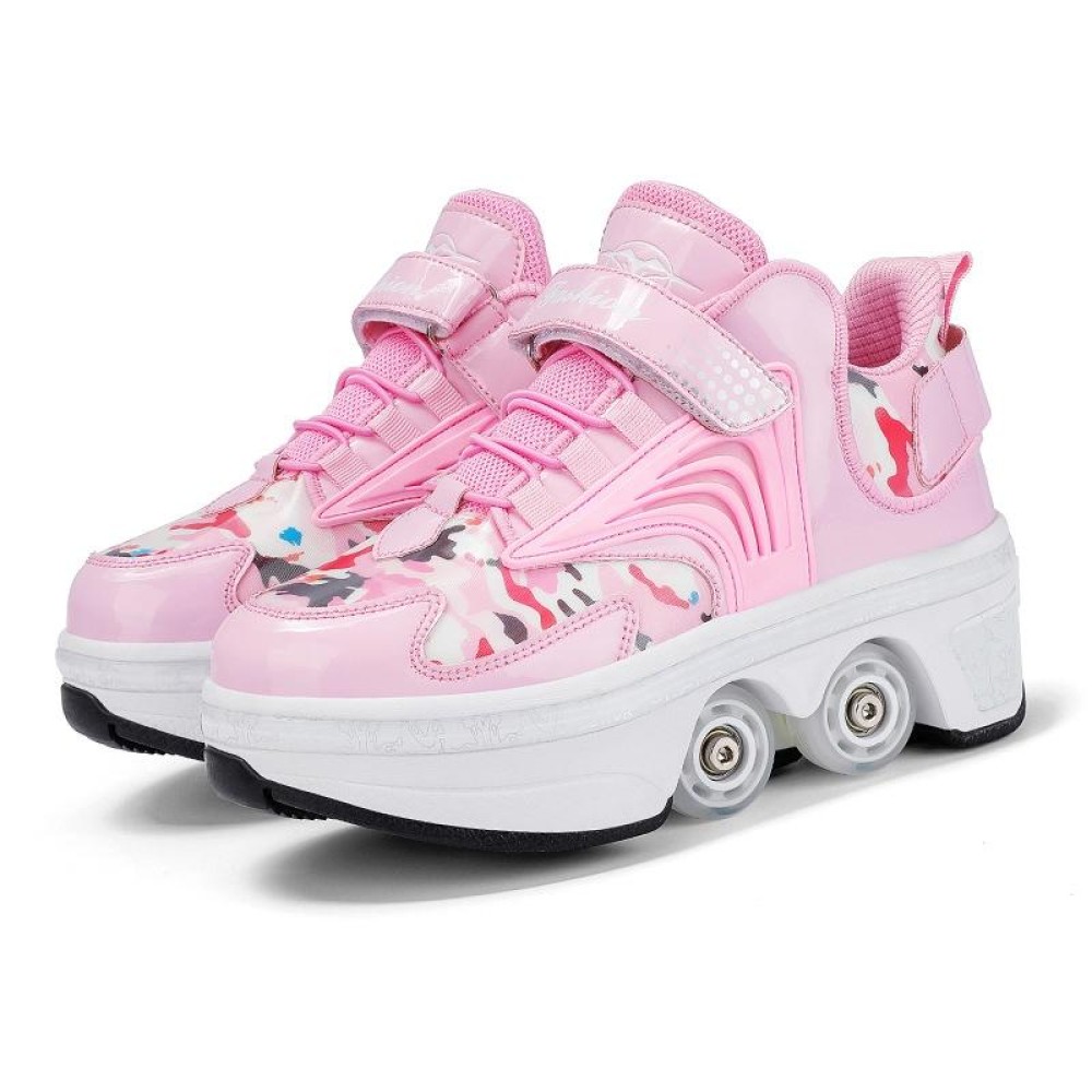 DF03 Children Walking Shoes Four-wheel Retractable Roller Skates, Size:33(Leather Pink)