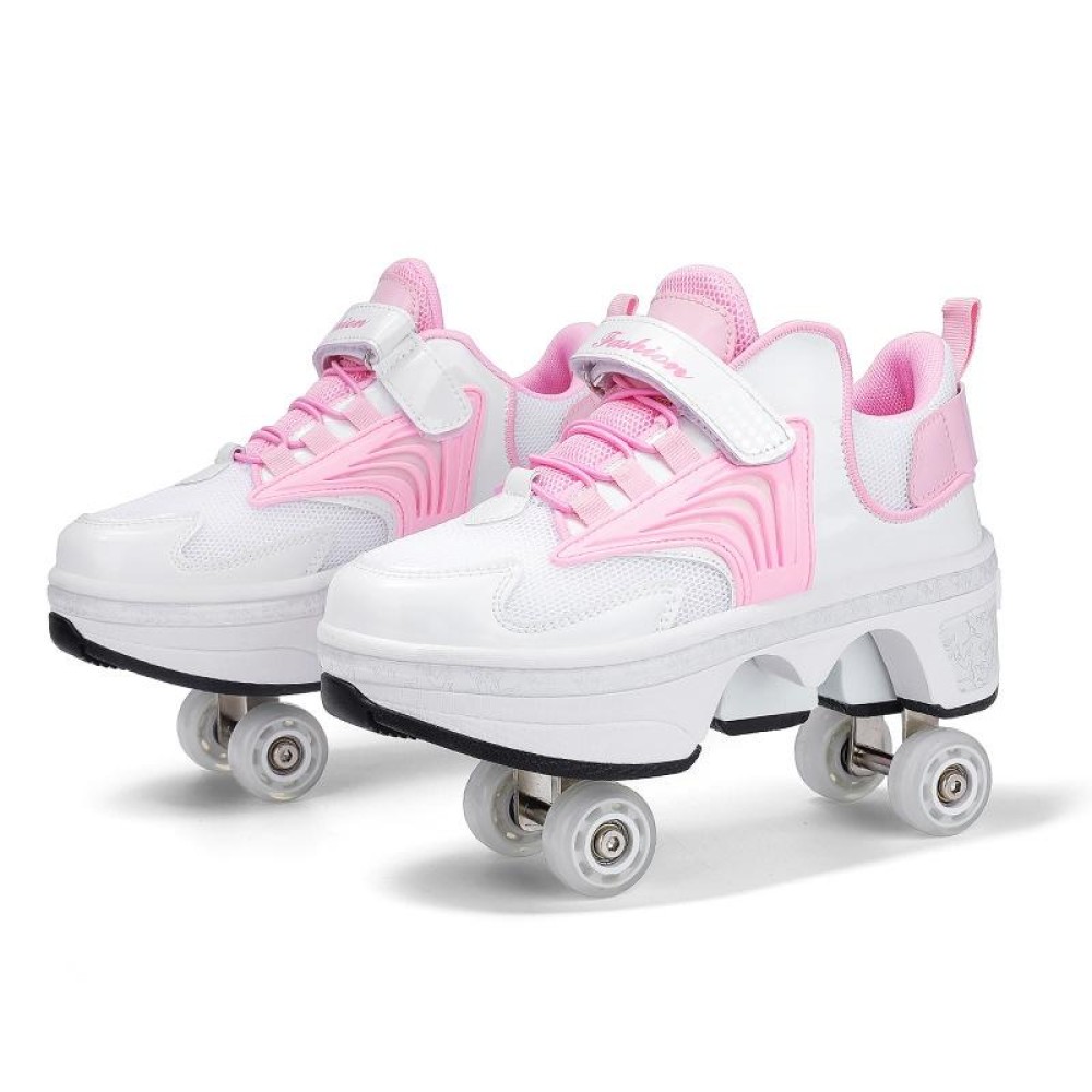 DF03 Children Walking Shoes Four-wheel Retractable Roller Skates, Size:33(Mesh White Pink)