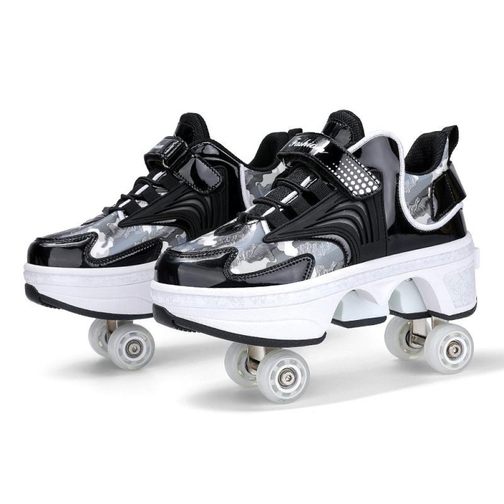 DF03 Children Walking Shoes Four-wheel Retractable Roller Skates, Size:34(Leather Black)