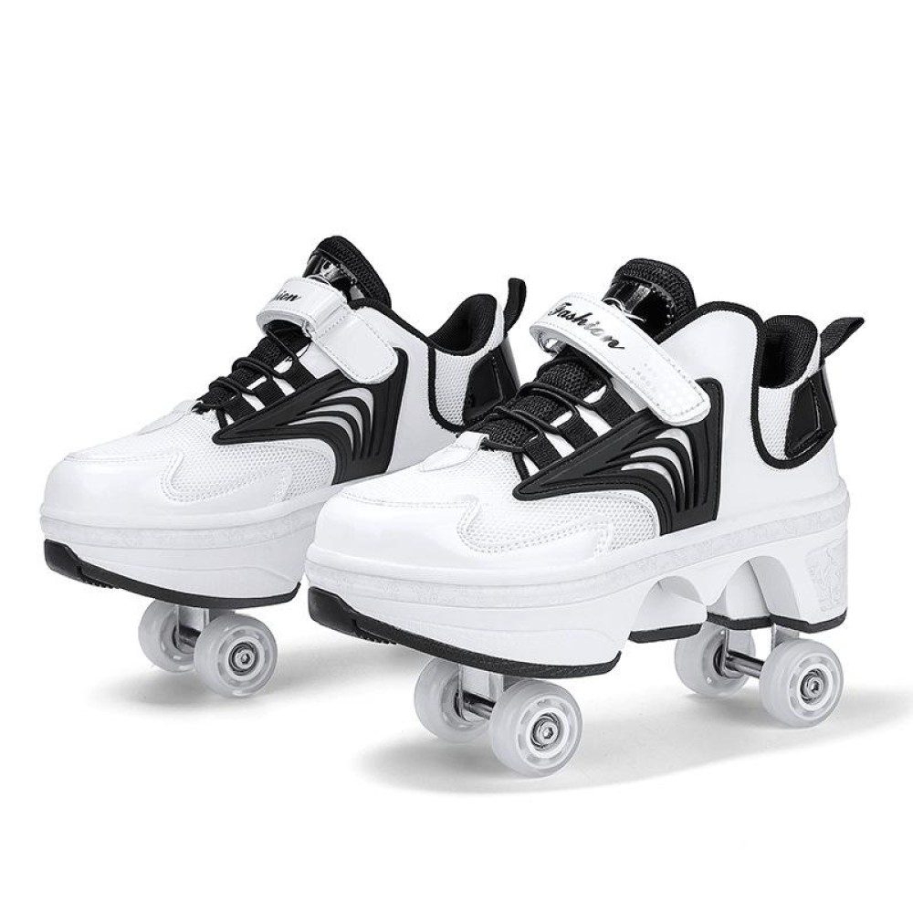 DF03 Children Walking Shoes Four-wheel Retractable Roller Skates, Size:35(Mesh White Black)