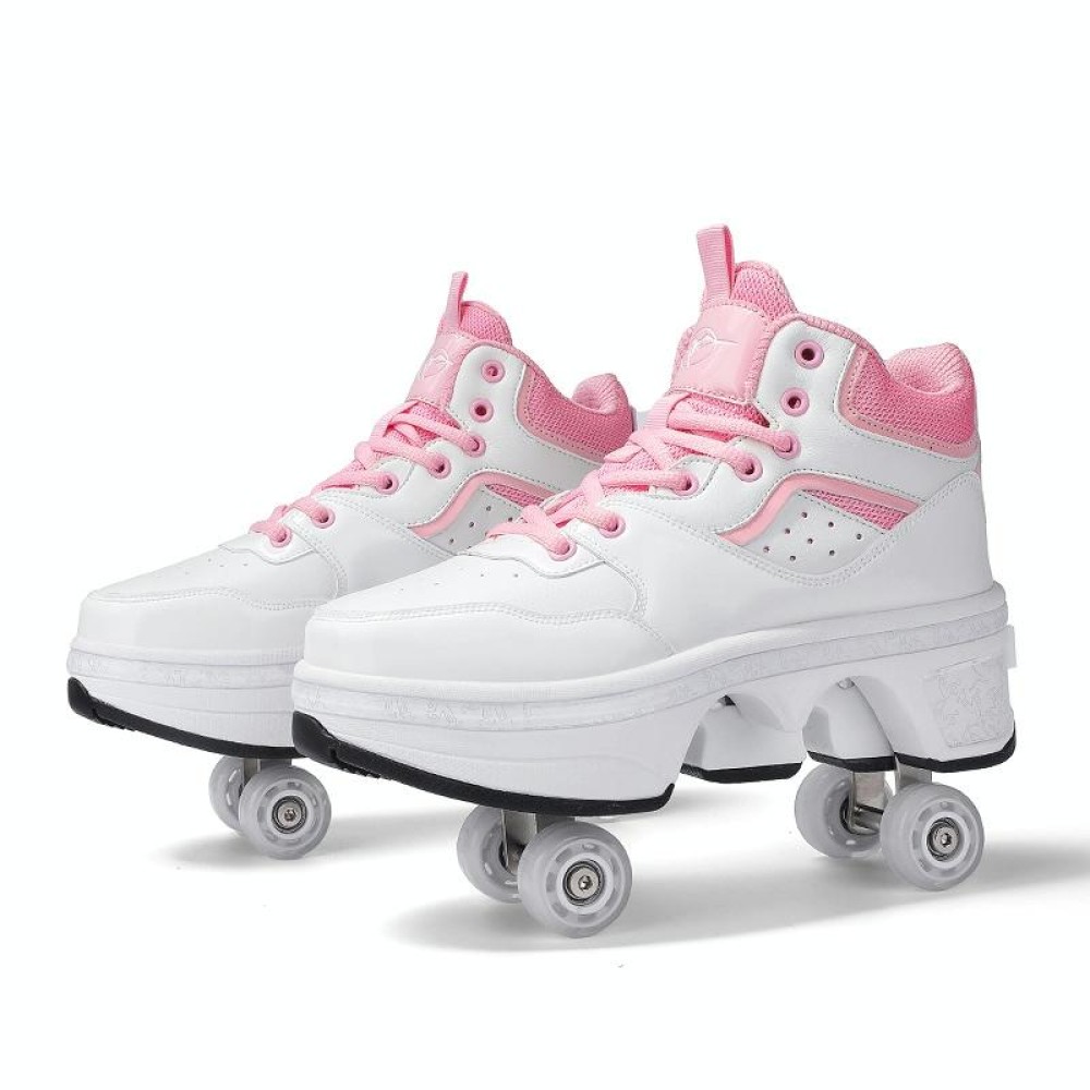 DF06 Walking Shoes Four-wheel Retractable Roller Skates, Size:33(Ivory Pink)