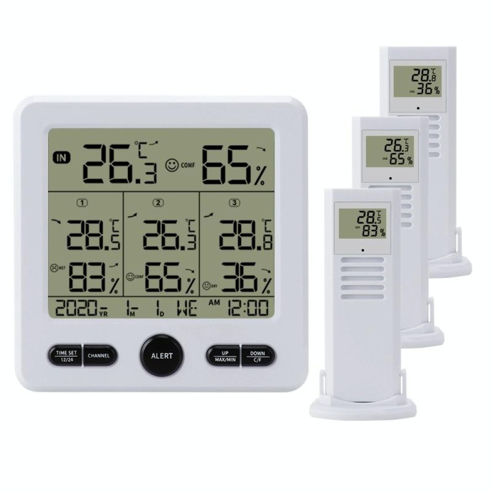 Three Dragged Multi-Function Wireless Thermometer And Hygrometer Indoor And Outdoor High-Precision Thermometer With Color Alarm(White)