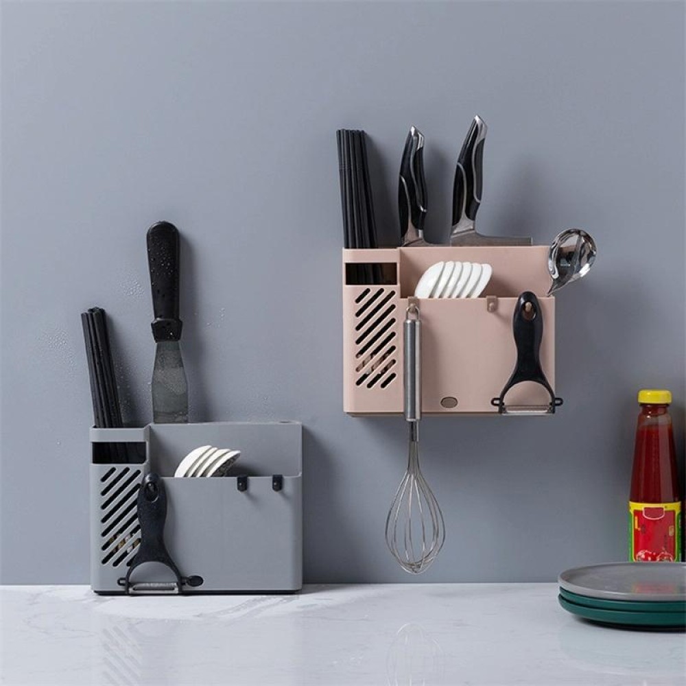 Chopsticks Basket Rack Wall-Mounted Chopstick Cage Household Multifunctional Spoon Knife Holder Integrated CStorage Box(Gray)