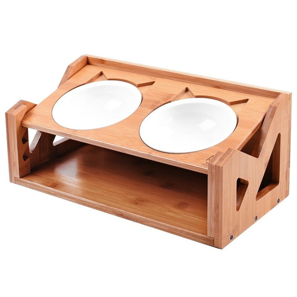 Bamboo Wood Lifting Cat Dining Table Adjustable Height Inclined Cat Bowl, Specification: Upgrade Porcelain Bowl