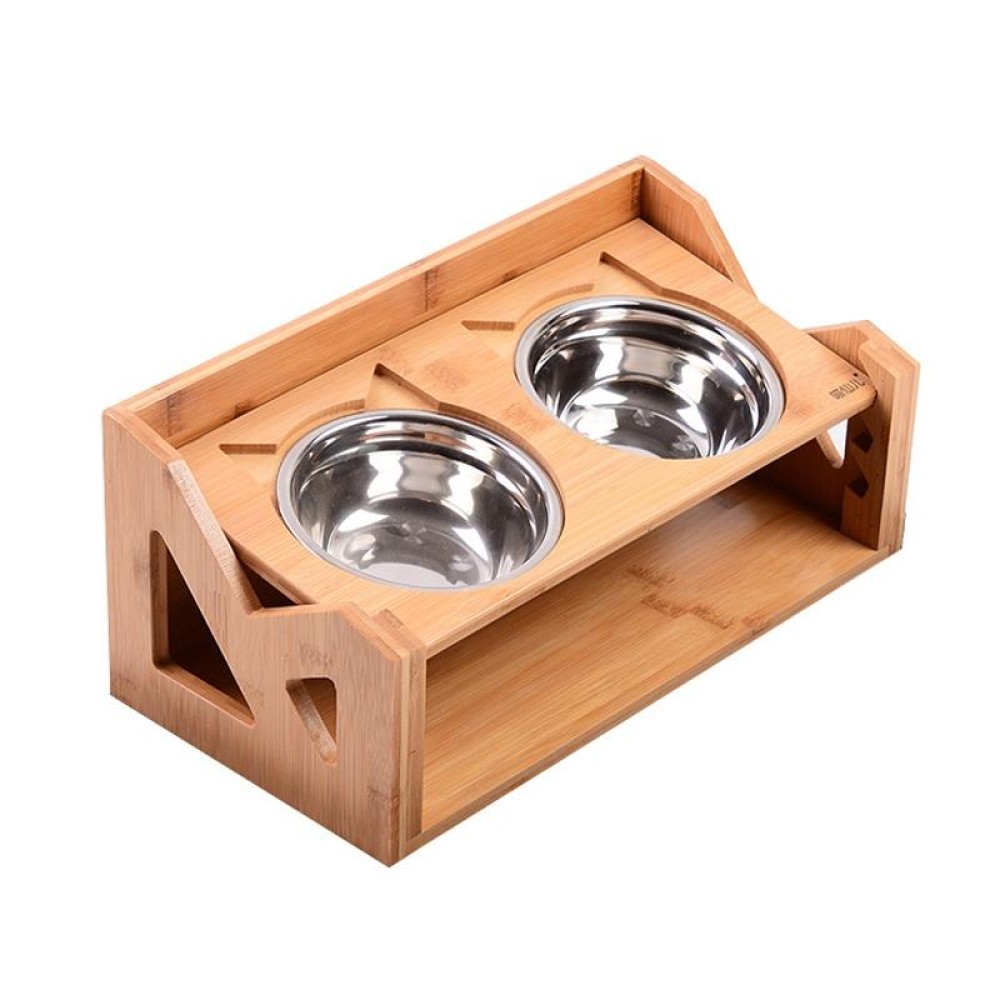 Bamboo Wood Lifting Cat Dining Table Adjustable Height Inclined Cat Bowl, Specification: Upgrade Stainless Steel Bowl