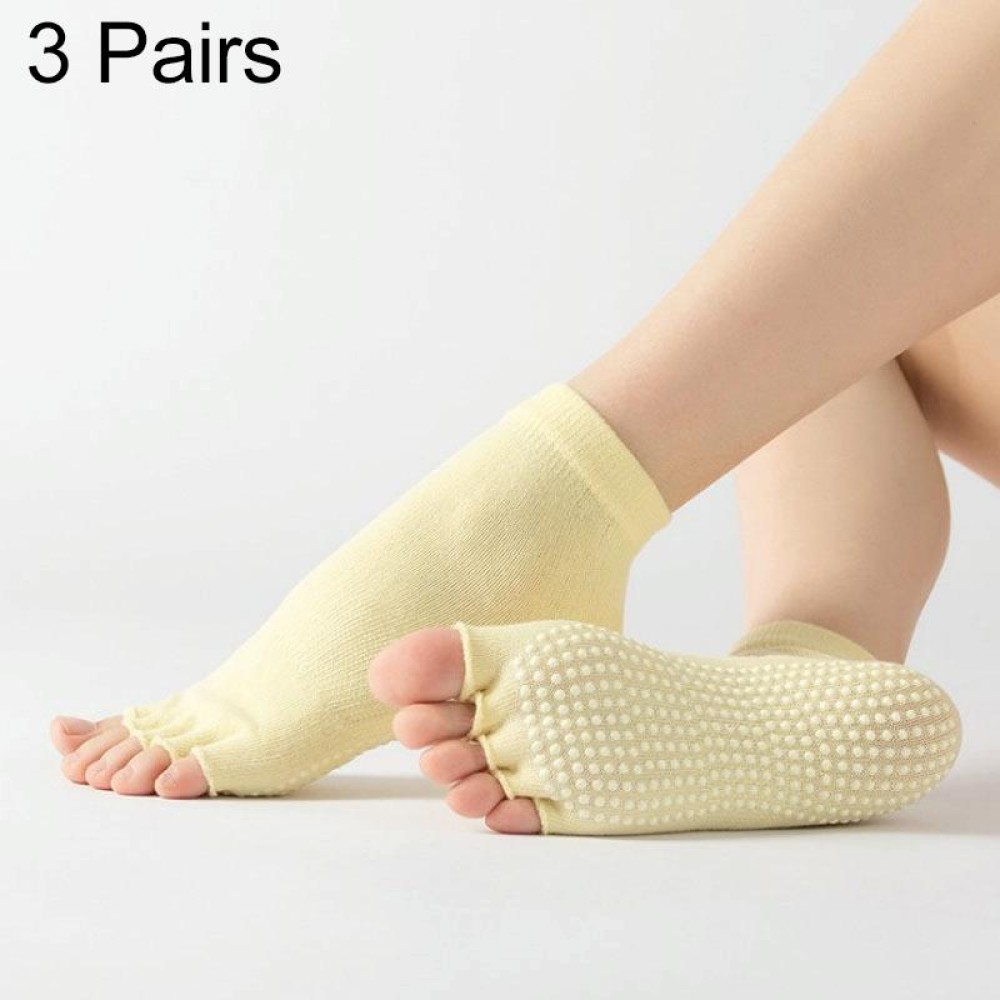 3 Pair Open-Toe Yoga Socks Indoor Sports Non-Slip Five-Finger Dance Socks, Size: One Size(Pure Color Light Yellow)