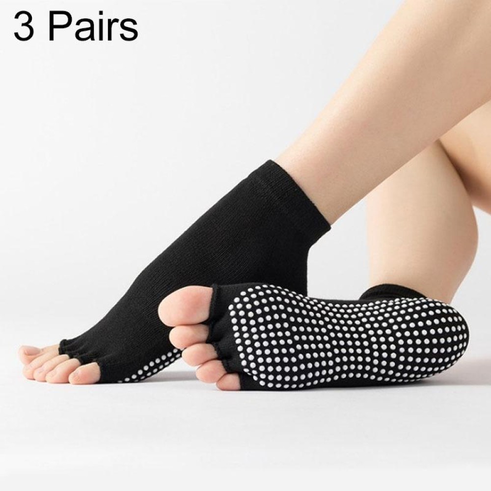 3 Pair Open-Toe Yoga Socks Indoor Sports Non-Slip Five-Finger Dance Socks, Size: One Size(Pure Color Black)