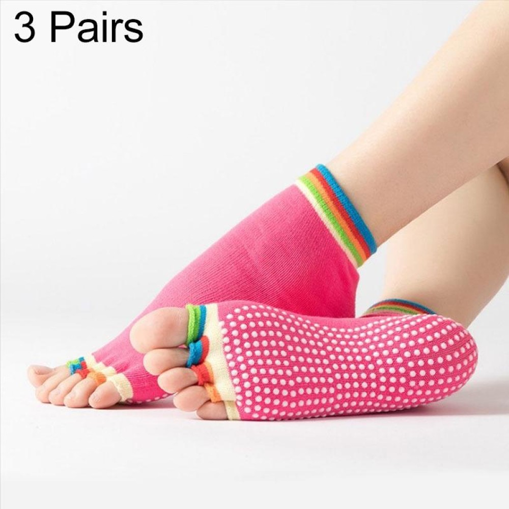 3 Pair Open-Toe Yoga Socks Indoor Sports Non-Slip Five-Finger Dance Socks, Size: One Size(Color Rose Red)