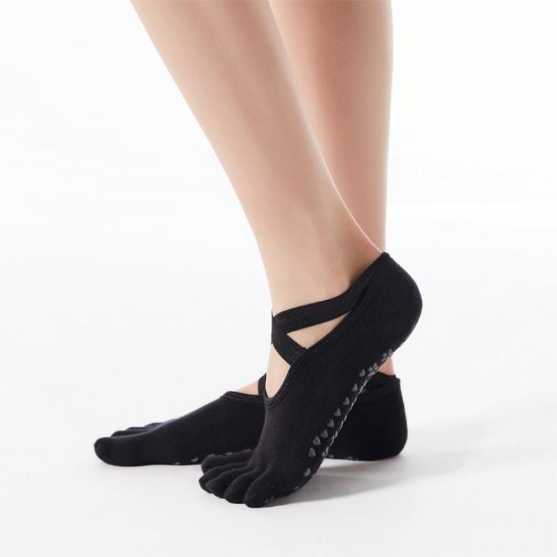 1 Pair Five-Finger Cross-Lace Yoga Cotton Socks Fashion Non-Slip Sports Dance Socks, Size: One Size(Full Toe (Black))