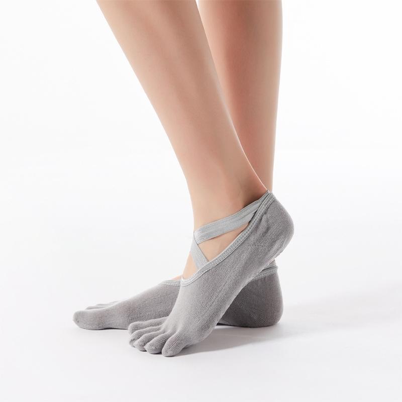 1 Pair Five-Finger Cross-Lace Yoga Cotton Socks Fashion Non-Slip Sports Dance Socks, Size: One Size(Full Toe (Light Gray))